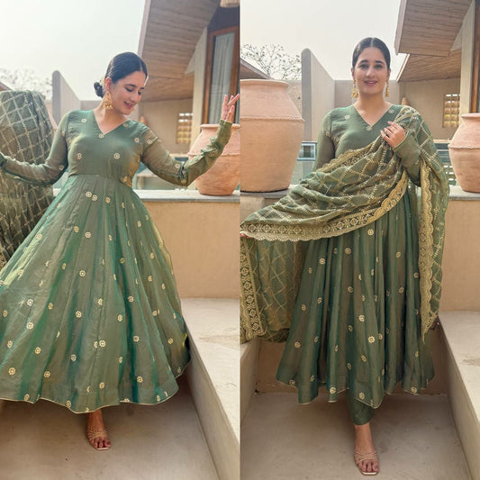 Designer Green Embroidered Anarkali Suit - High-Quality Indian Readymade Garment - Complete 3-Piece Set for Festivals