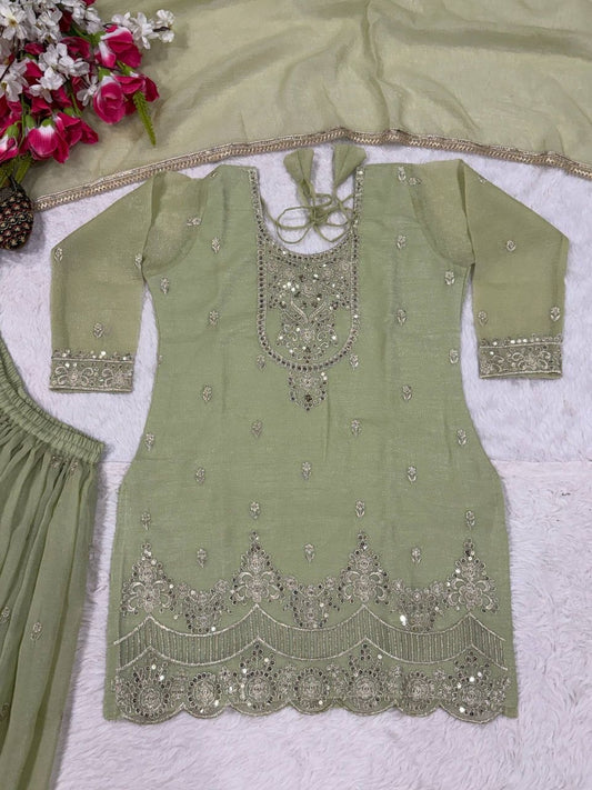 Moss Green Silk Sharara Set with Intricate Gold Neck & Border Embroidery - Traditional Indian Wedding Guest Outfit - Luxury Festive Wear for Women