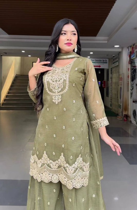 Moss Green Silk Sharara Set with Intricate Gold Neck & Border Embroidery - Traditional Indian Wedding Guest Outfit - Luxury Festive Wear for Women