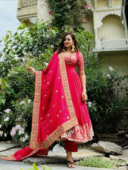 Hot Pink Embroidered Anarkali Suit - Heavy Zari & Elephant Motif Work Salwar Kameez - Indian Ethnic Wear for Weddings - Designer Gown Set with Dupatta
