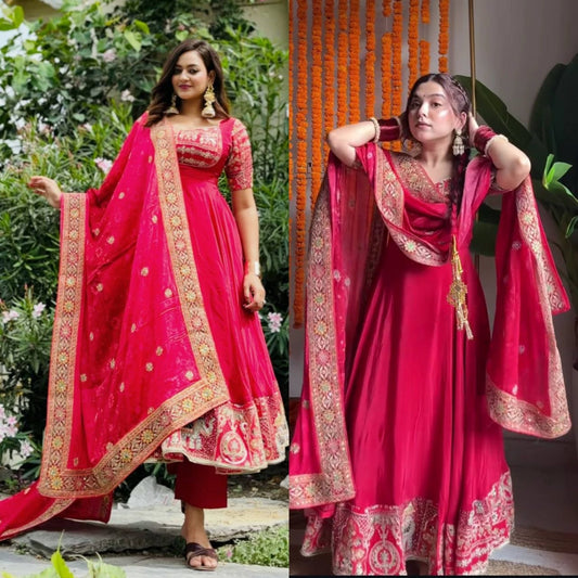 Hot Pink Embroidered Anarkali Suit - Heavy Zari & Elephant Motif Work Salwar Kameez - Indian Ethnic Wear for Weddings - Designer Gown Set with Dupatta