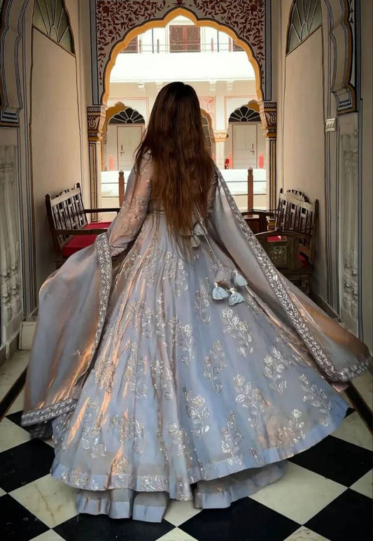 Designer Silver Grey Embroidered Anarkali Suit - High-Quality Indian Readymade Garment - Complete 3-Piece Set for Festivals