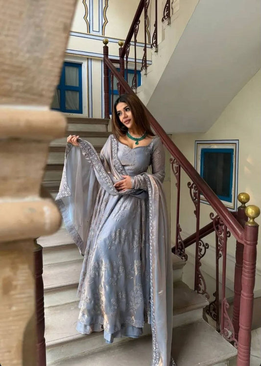 Designer Silver Grey Embroidered Anarkali Suit - High-Quality Indian Readymade Garment - Complete 3-Piece Set for Festivals
