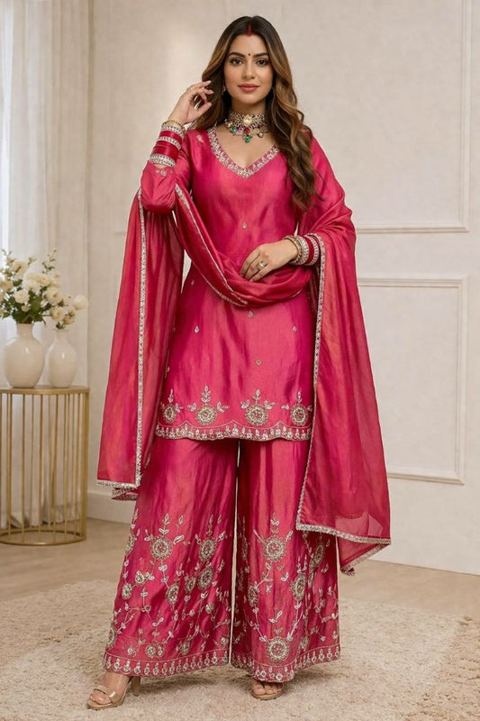 Designer Pink Embroidered Palazzo Suit - High-Quality Indian Readymade Garment - Complete 3-Piece Set for Festivals