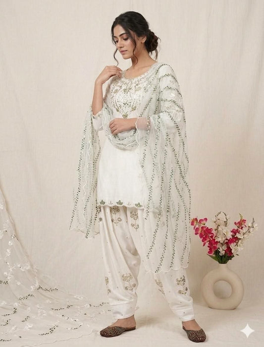 Off-White Embroidered Patiala Suit - Heavy Gota Patti & Zari Work Salwar Kameez - Indian Ethnic Wear for Weddings - Designer Kurta Set with Scalloped Hem