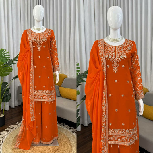 Designer Orange Embroidered Palazzo Suit - High-Quality Indian Readymade Garment - Complete 3-Piece Set for Festivals