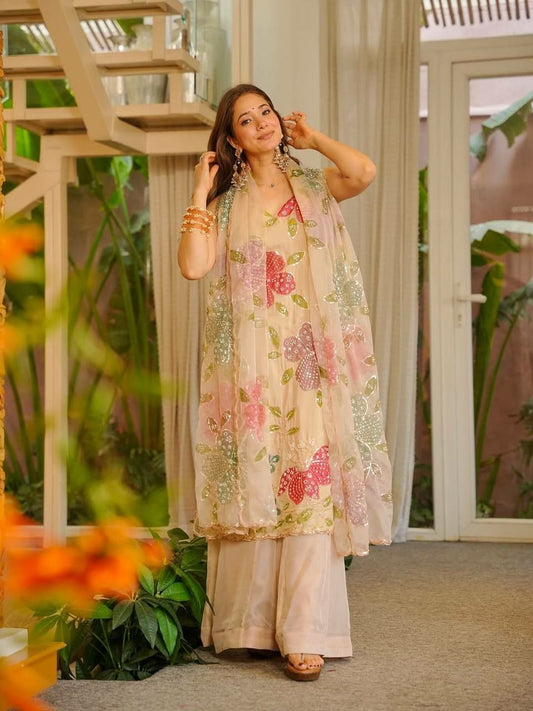 Cream Floral Sequin Embroidered Salwar Kameez - Organza Palazzo Suit with Heavy Flower Work - Indian Ethnic Wear for Summer Weddings - Designer Kurta Set