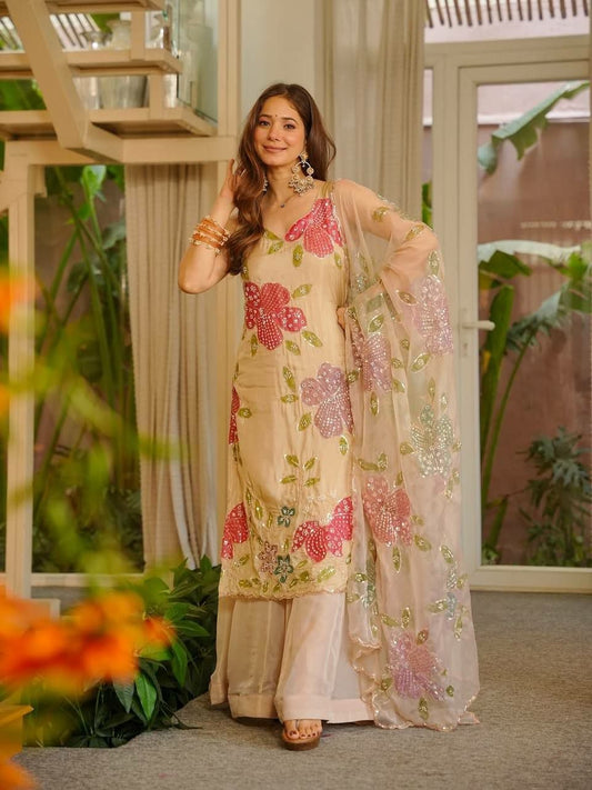 Cream Floral Sequin Embroidered Salwar Kameez - Organza Palazzo Suit with Heavy Flower Work - Indian Ethnic Wear for Summer Weddings - Designer Kurta Set