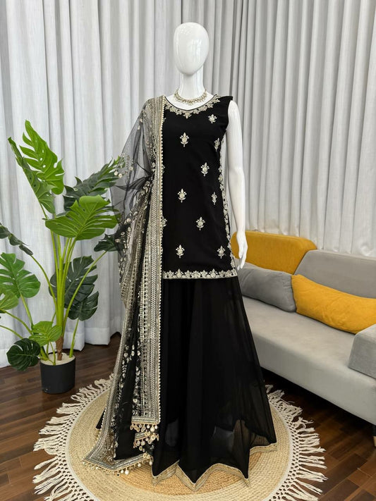 Classic Black Velvet or Silk Sharara Set with Intricate Silver Floral Embroidery - Traditional Indian Wedding Guest Outfit - Luxury Festive Wear for Women