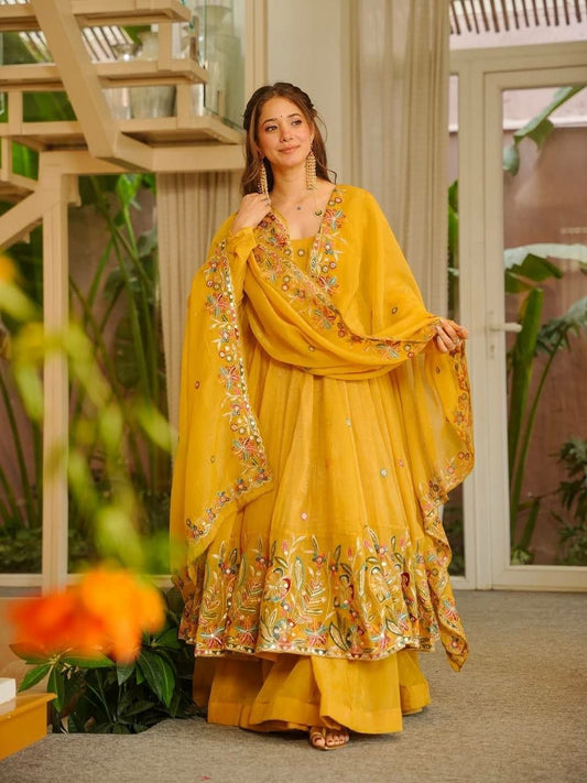 Mustard Yellow Embroidered Anarkali Suit - Heavy Floral Work Salwar Kameez - Indian Ethnic Wear for Haldi & Weddings - Designer Gown Set with Dupatta