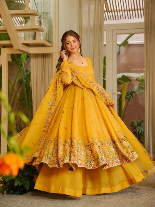 Mustard Yellow Embroidered Anarkali Suit - Heavy Floral Work Salwar Kameez - Indian Ethnic Wear for Haldi & Weddings - Designer Gown Set with Dupatta
