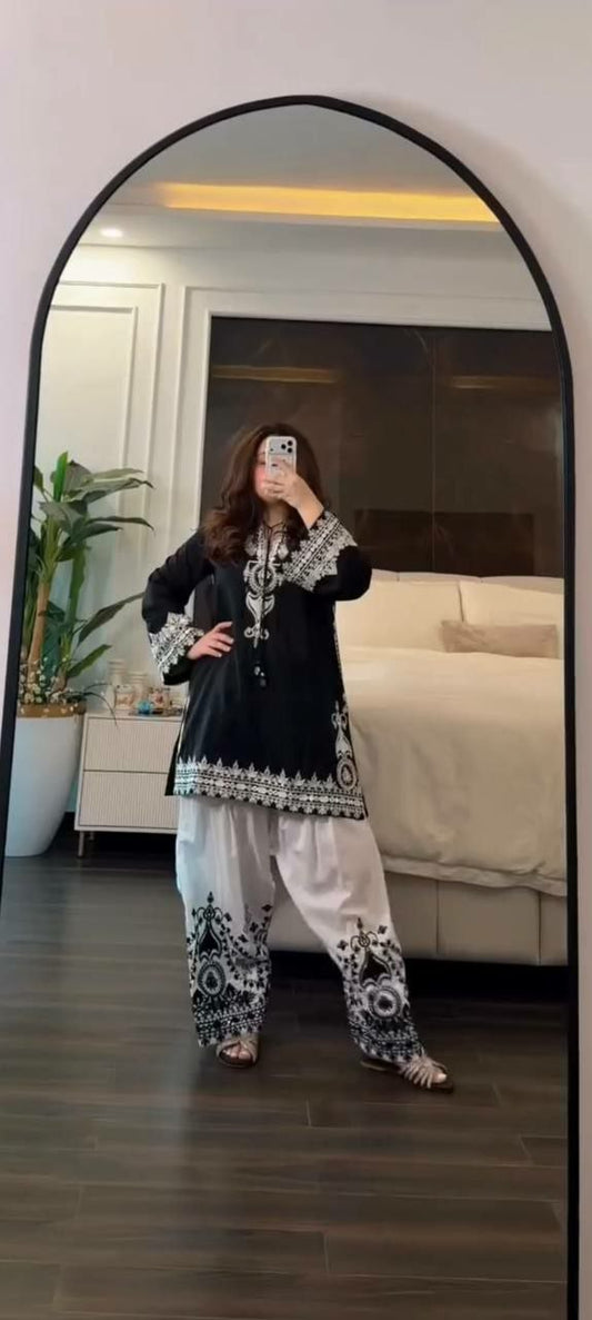 Black and White Embroidered Patiala Suit - Heavy Resham Work Salwar Kameez - Indian Ethnic Wear for Women - Designer Kurta Set with Contrast Trousers.