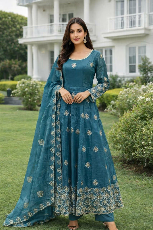 Designer Teal Blue Embroidered Anarkali Suit - High-Quality Indian Readymade Garment - Complete 3-Piece Set for Festivals