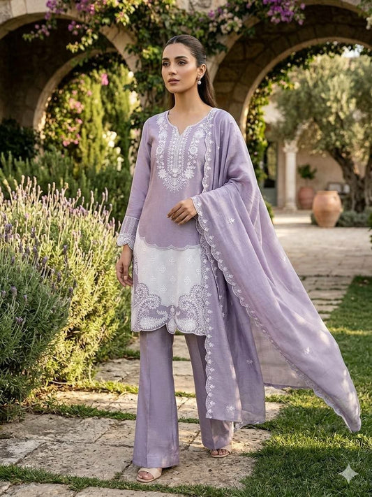 Lavender and White Embroidered Salwar Kameez - Heavy Lace and Resham Work Pakistani Suit - Indian Ethnic Wear for Women - Designer Kurta Set with Scalloped Dupatta
