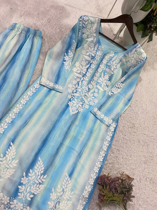 Sophisticated Pastel Blue Printed Salwar Suit with Intricate White Thread Work - Traditional Indian Party Wear - Luxury 2-Piece Ethnic Outfit