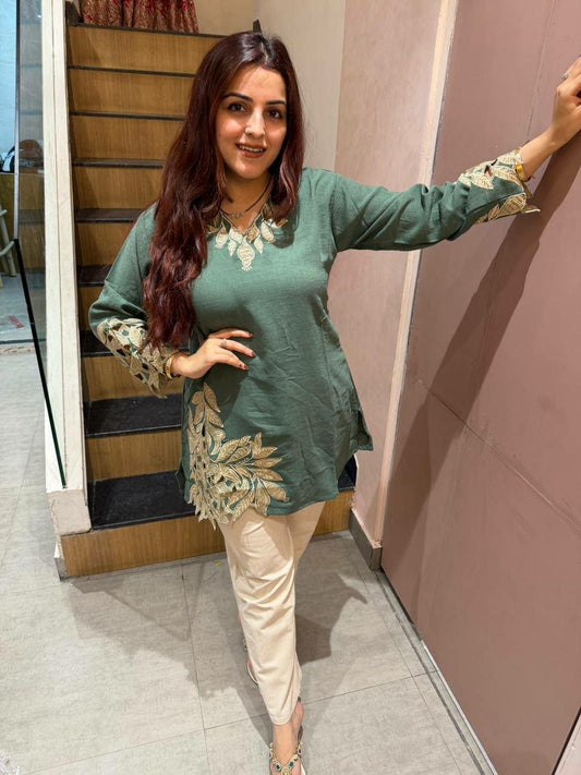 Designer Green Embroidered Kurti - High-Quality Indian Readymade Tunic - Complete Kurta and Trouser Set for Festivals