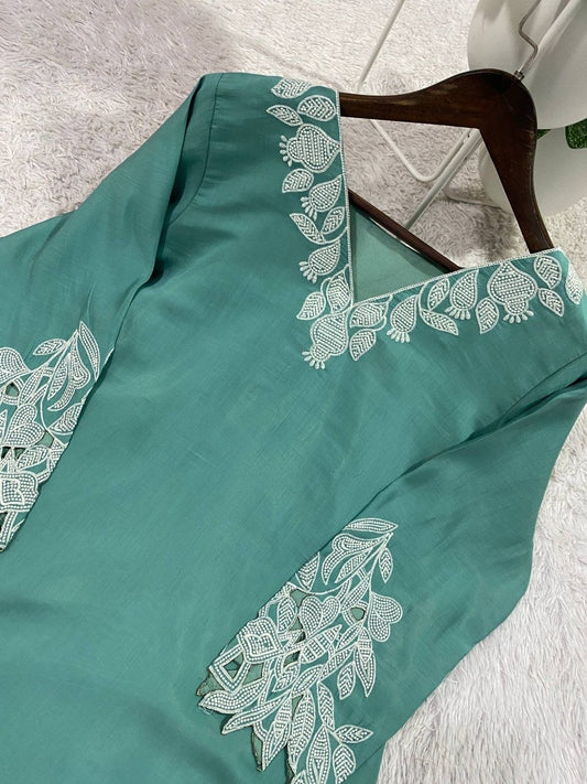 Designer Green Embroidered Kurti - High-Quality Indian Readymade Tunic - Complete Kurta and Trouser Set for Festivals