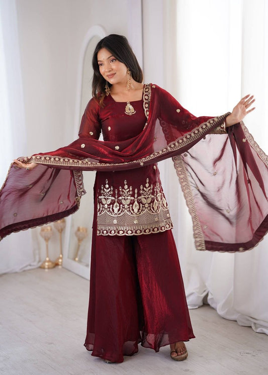 Maroon Embroidered Sharara Suit - Heavy Gold Zari Work Salwar Kameez - Indian Ethnic Wear for Weddings & Bridesmaids - Designer Kurta Set with Dupatta