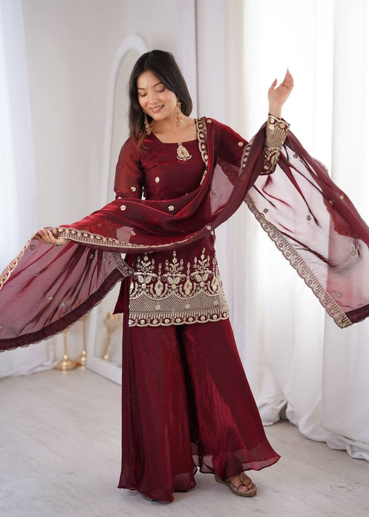 Maroon Embroidered Sharara Suit - Heavy Gold Zari Work Salwar Kameez - Indian Ethnic Wear for Weddings & Bridesmaids - Designer Kurta Set with Dupatta