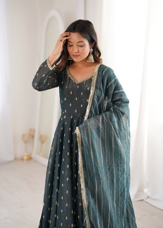 3-Piece Ethnic Set: Flared Anarkali Kurta, Churidar Bottoms, and Zari-Border Dupatta