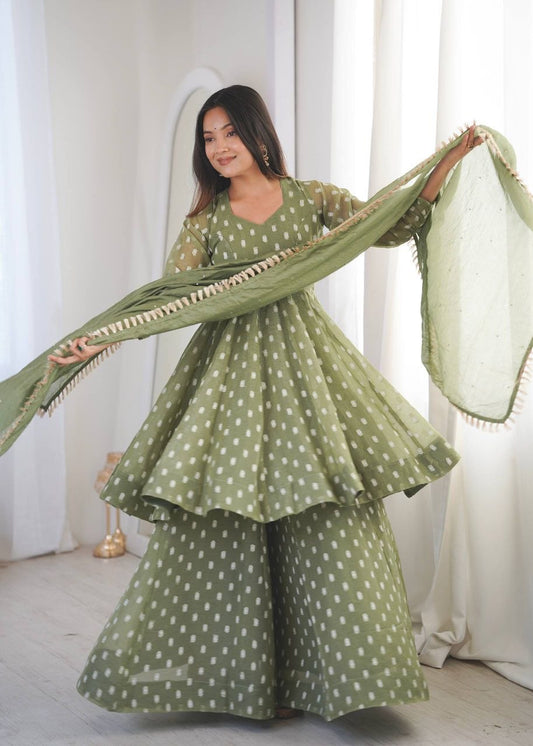 Premium Olive Green Festive Sharara Suit with Intricate Lace Work