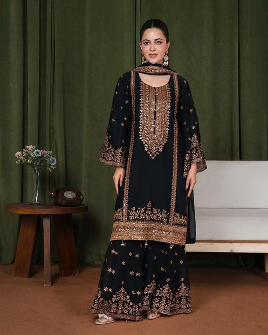 Boutique Quality Readymade Garment: Luxe Black Sharara Set with Traditional Embroidery