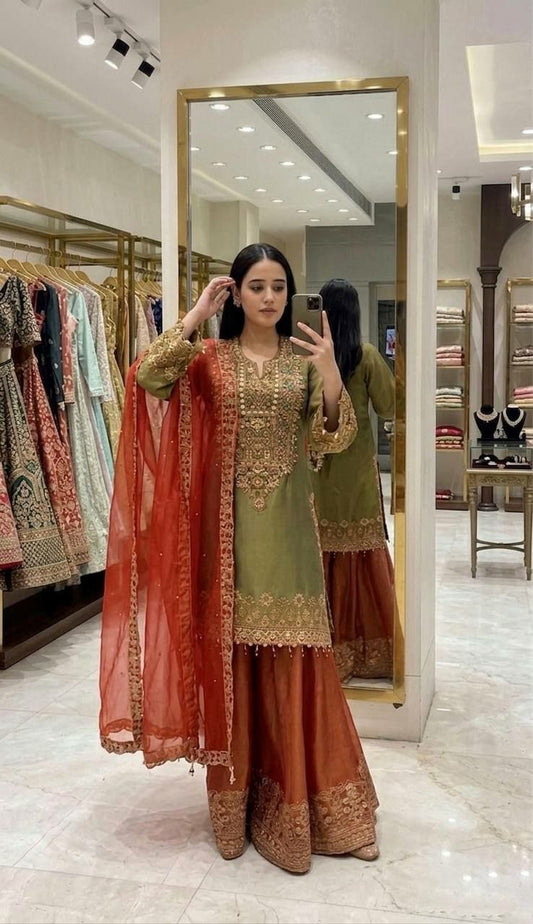 Mehendi Green Silk Kurta with Rust Sharara and Embroidered Net Dupatta