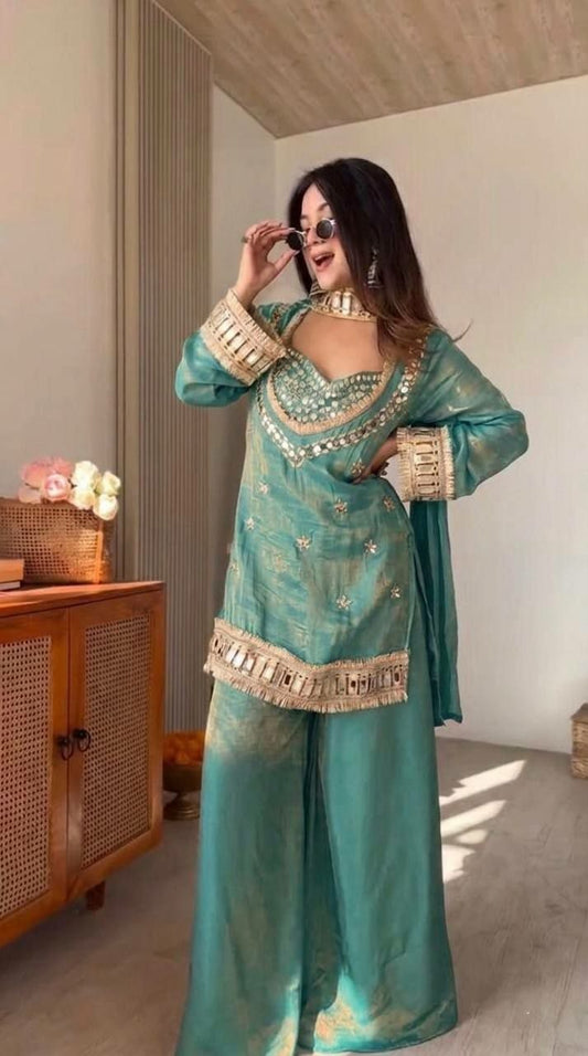 Premium Silk-Blend Festive Wear with Traditional Glass Mirror Embroidery and Zari Work
