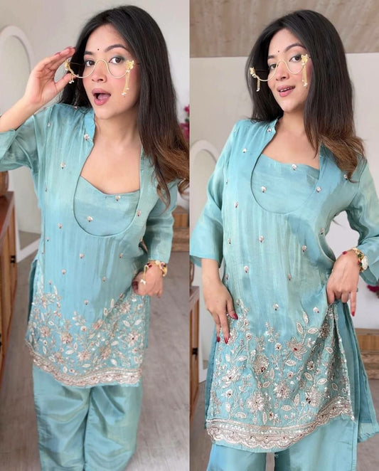 Luxury Silk Party Wear Ensemble: Embroidered Long Top & Plazo