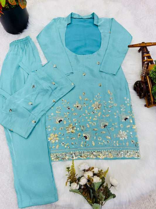 Luxury Silk Party Wear Ensemble: Embroidered Long Top & Plazo