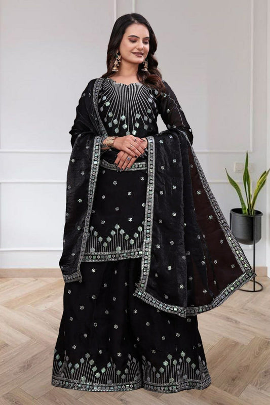 Three-Piece Ethnic Set: Heavy Embroidered Kurta, Sharara, and Dupatta