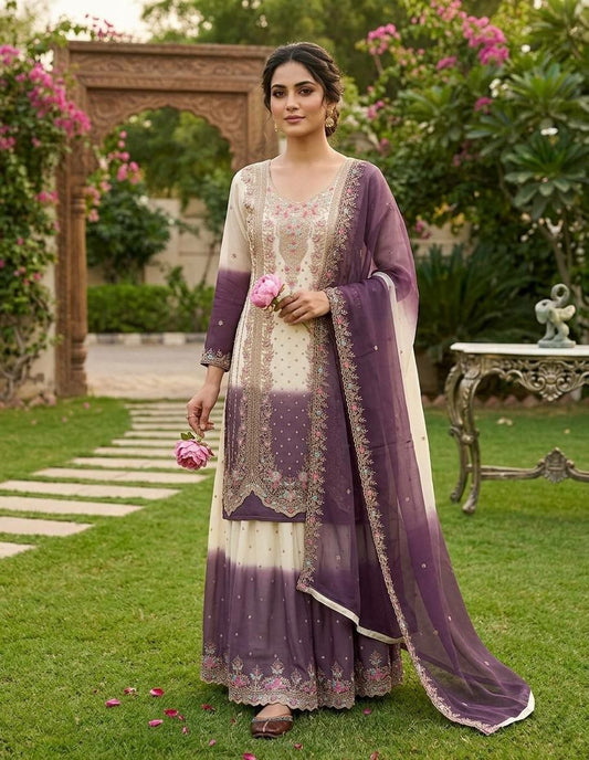 Indian Ethnic Wear – Readymade Georgette Sharara Set with Floral Threadwork