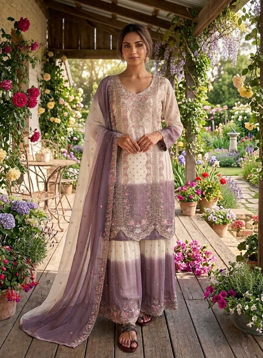 Indian Ethnic Wear – Readymade Georgette Sharara Set with Floral Threadwork