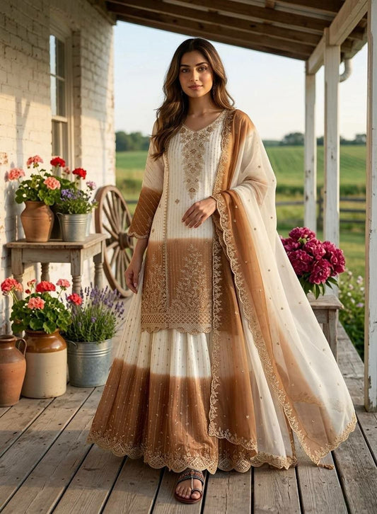 Luxury Festive Suit: Tan & Off-White Heavily Embroidered Sharara Ensemble