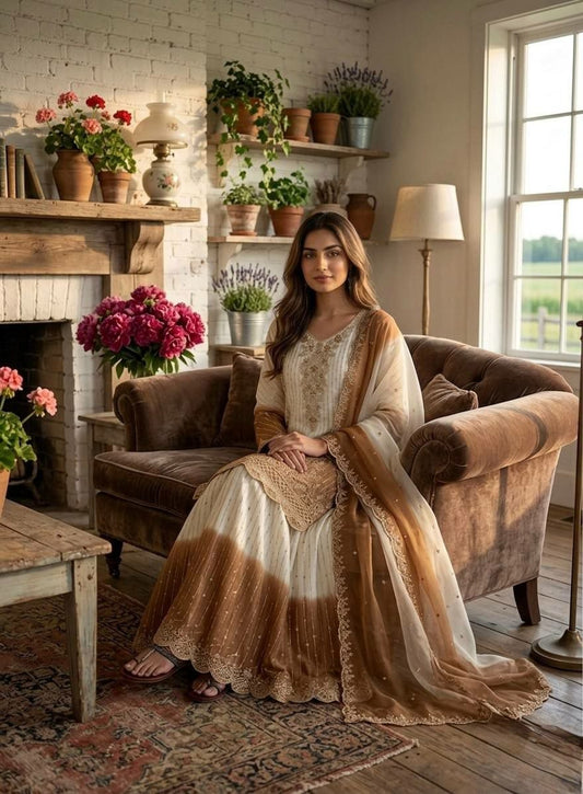 Luxury Festive Suit: Tan & Off-White Heavily Embroidered Sharara Ensemble