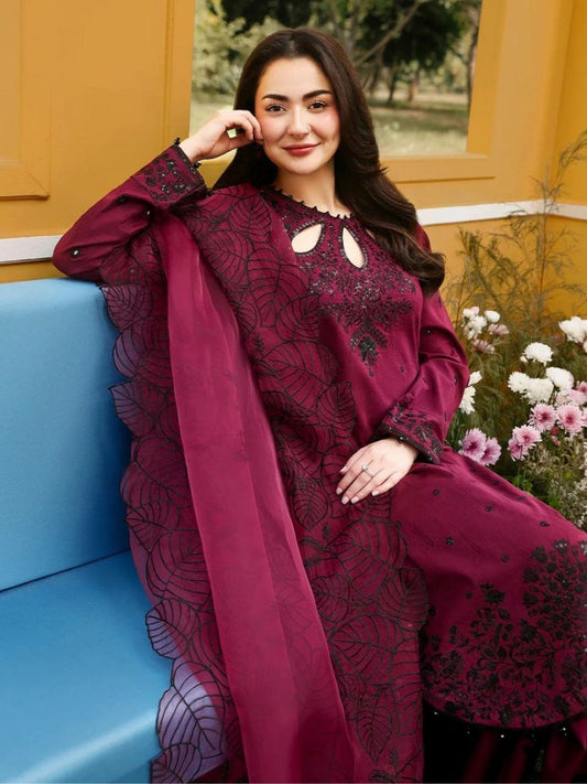 Deep Wine Embroidered Salwar Suit with Cut-Out Neckline and Palazzo Pants