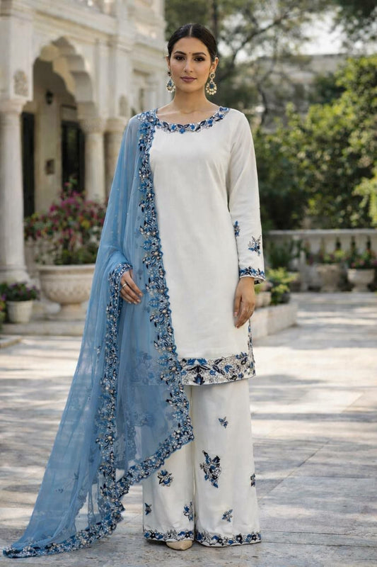 Luxury Festive Suit: Off-White Heavily Embroidered Palazzo Ensemble