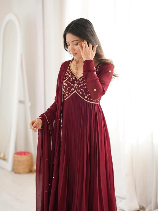 Maroon Georgette Pleated Anarkali Suit Set - Hand Embroidered V-Neck Long Gown with Dupatta - Designer Indian Wedding Guest Dress