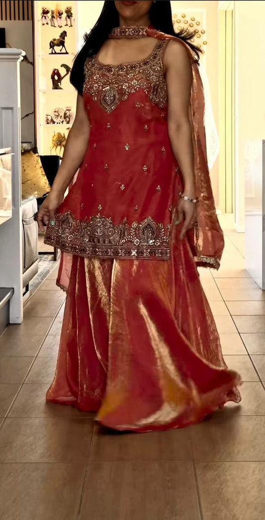 Ethnic Red Gold Embroidered Suit - Luxury Bridal Mehndi Outfit - Ready to Wear Indian Traditional Garment - Heavy Work Sharara Ensemble