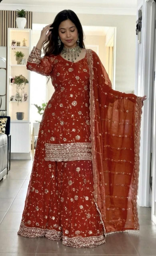 Red Floral Embroidered Gharara Set - Ready to Wear Indian Traditional Garment - Heavy Work Silk Chiffon Suit with Scalloped Border Dupatta