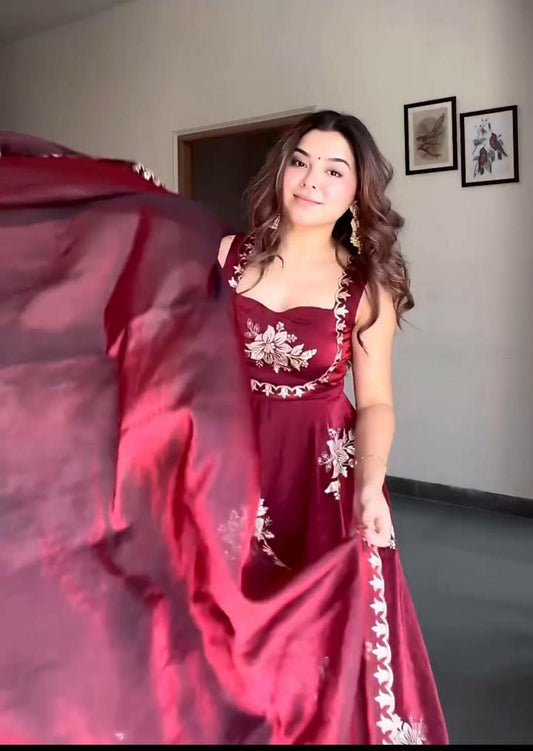 Wine Red Embroidered Gown Set - Sleeveless Silk Blend Ethnic Suit with Matching Trousers - Festive Celebration Readymade Garment