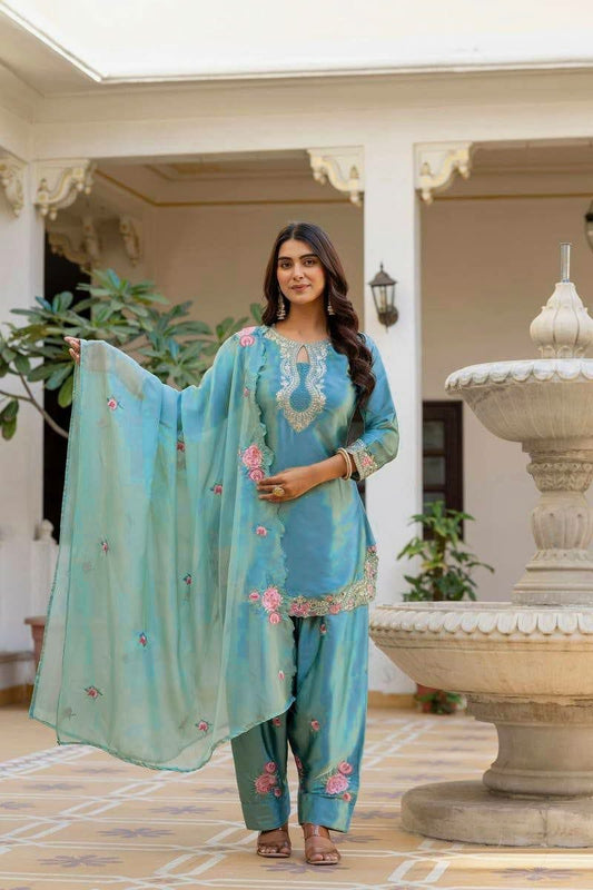 Sky Blue Floral Embroidered Ethnic Set - Luxury Silk Blend Salwar Suit - Traditional Punjabi Style Suit