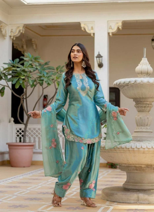 Sky Blue Floral Embroidered Ethnic Set - Luxury Silk Blend Salwar Suit - Traditional Punjabi Style Suit