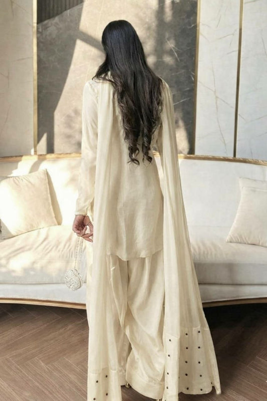 Ivory Silk Salwar Kameez Set - Black Floral Hand Embroidery - 3-Piece Indian Ethnic Wear - Designer Kurta with Wide Leg Pants & Dupatta