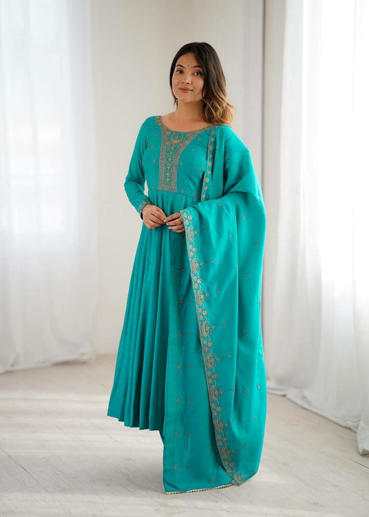 Elegant Turquoise 3-Piece Anarkali Dress for Women - Traditional Embroidered Festive Wear Salwar Kameez - Ready to Wear Indian Party Outfit