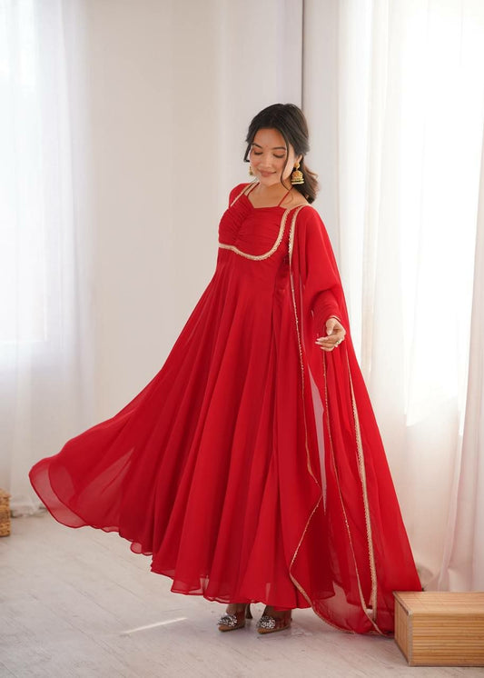 Vibrant Red Georgette Anarkali Suit Set - Ruched Bodice Long Gown with Gold Lace Dupatta - Designer Indian Wedding Guest Outfit