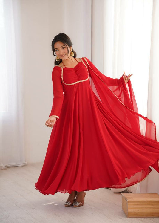 Vibrant Red Georgette Anarkali Suit Set - Ruched Bodice Long Gown with Gold Lace Dupatta - Designer Indian Wedding Guest Outfit