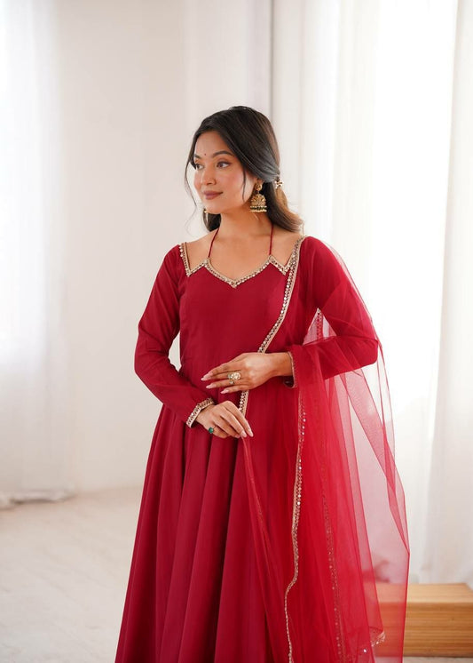 Deep Red Anarkali Gown with Sequin Border Dupatta – 3-Piece Readymade Salwar Kameez Set – Silk Blend Party Wear Dress – Bollywood Style Suit