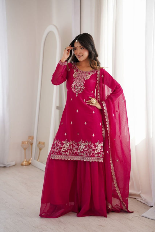 Hot Pink Sharara Suit Set – Embroidered Georgette Kurta with Wide Leg Palazzo & Dupatta – Indian Wedding Guest Wear, Festive Ethnic Outfit for Women