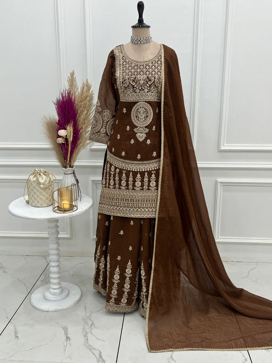 Designer Brown Salwar Kameez with Intricate Zari Work – 3-Piece Readymade Sharara Set – Ethnic Party Wear Dress – Traditional Indian Bridal Guest Ensemble